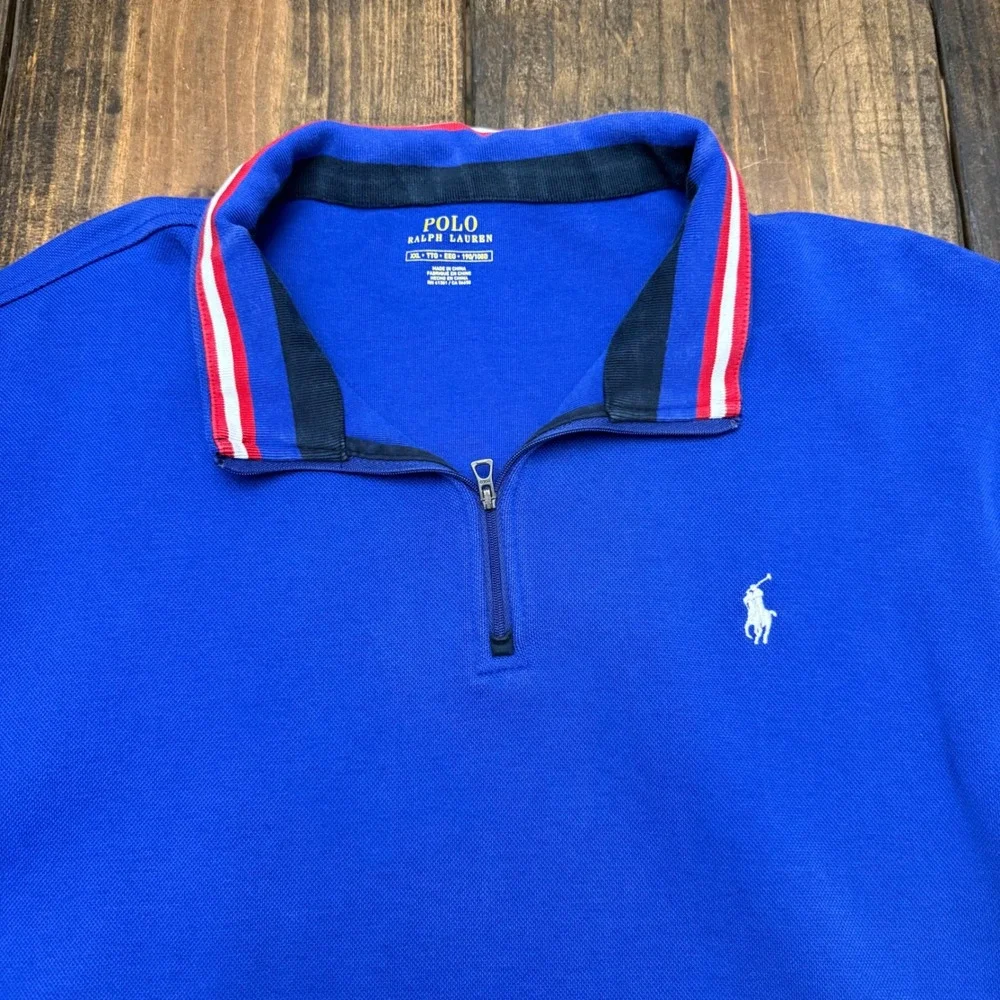 Polo Ralph Lauren Mens XXL‎ Royal Blue Quarter Zip Pullover Striped Collar Pony